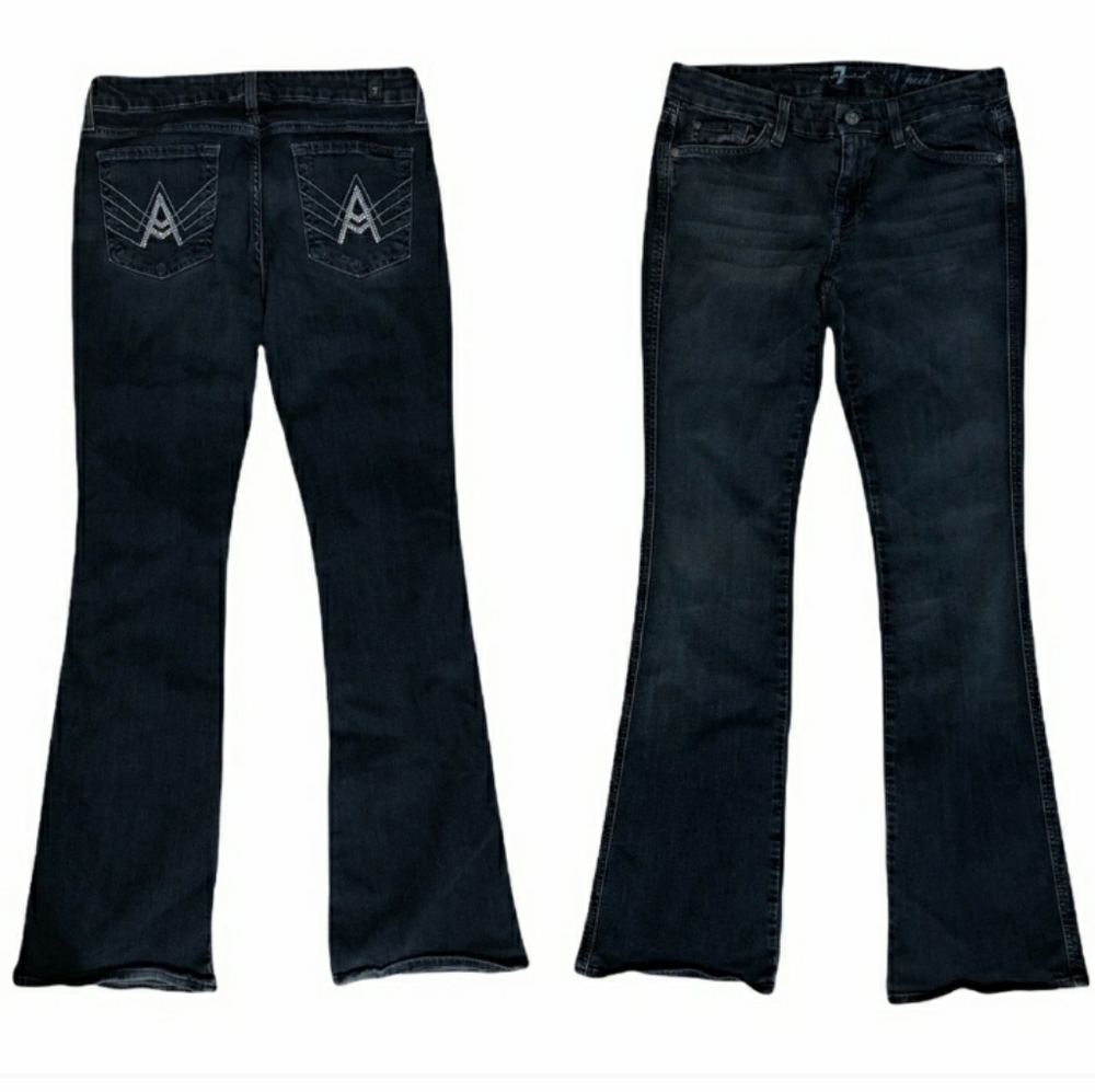 7FAM Dark Wash Rhinestone “A” Pocket Flares Sz 29EUC!